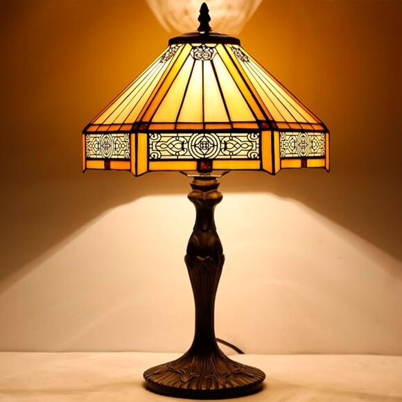 Tiffany Style Lamp Yellow Hexagon Handmade Stained Glass Mission Style Light - Picture 1 of 7